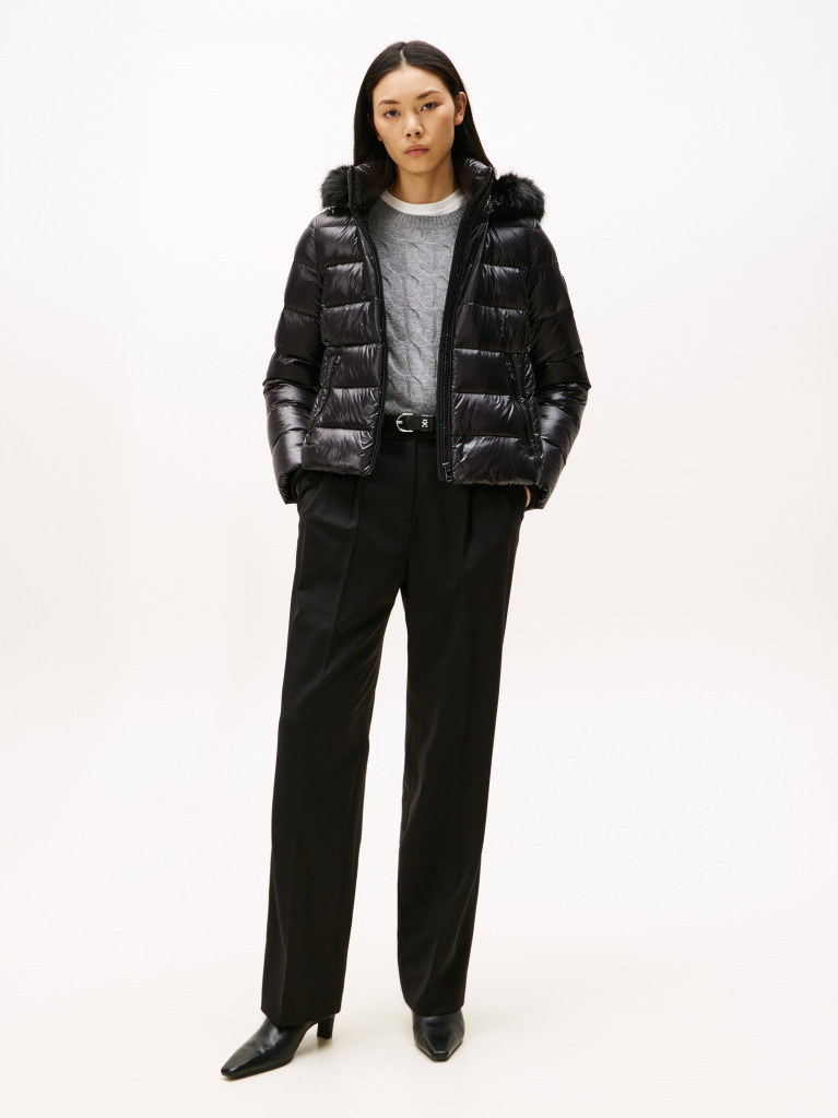 Black Shiny Water Repellent Down Hooded Jacket  Women