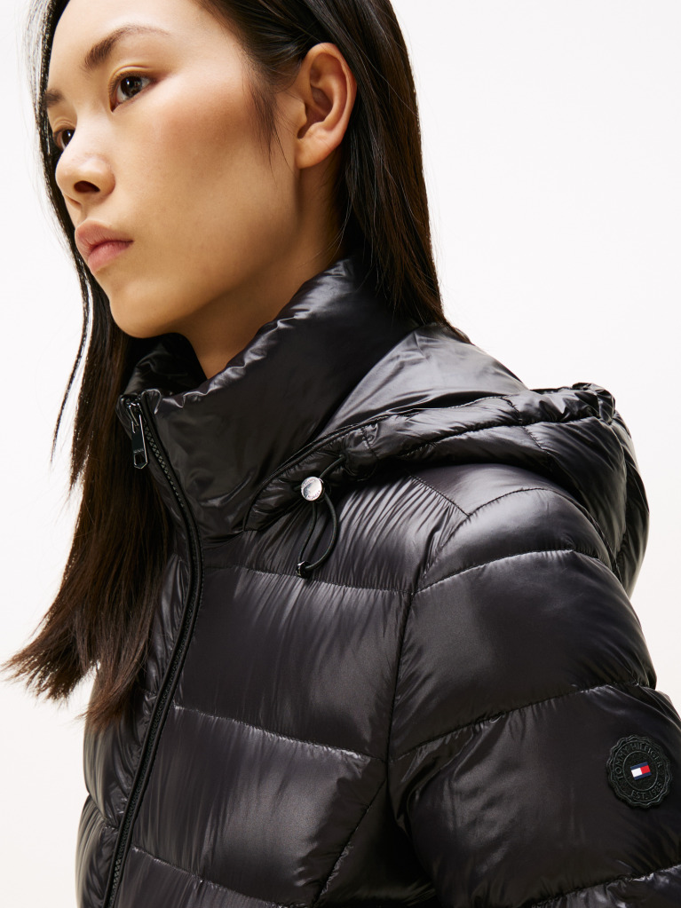 Black Shiny Water Repellent Down Hooded Jacket  Women