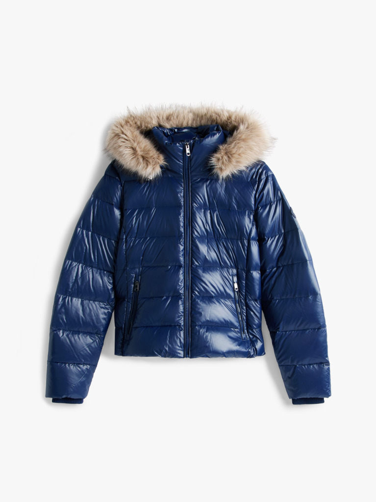 Blue Shiny Water Repellent Down Hooded Jacket  Women