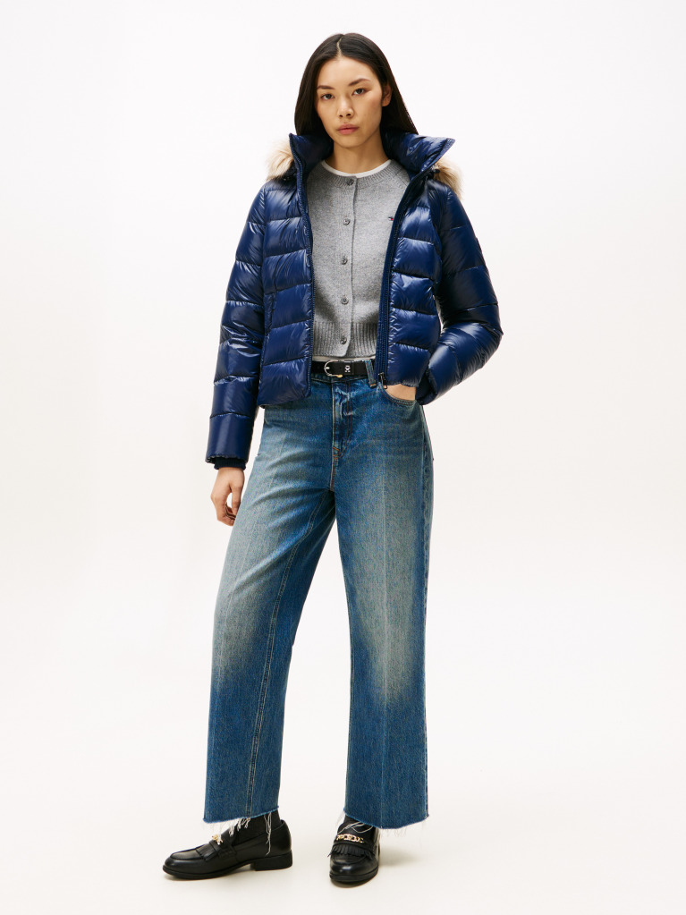Blue Shiny Water Repellent Down Hooded Jacket  Women