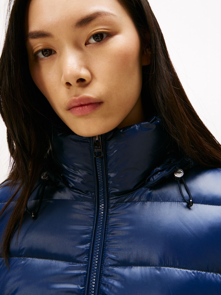 Blue Shiny Water Repellent Down Hooded Jacket  Women