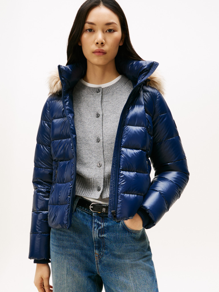 Blue Shiny Water Repellent Down Hooded Jacket  Women