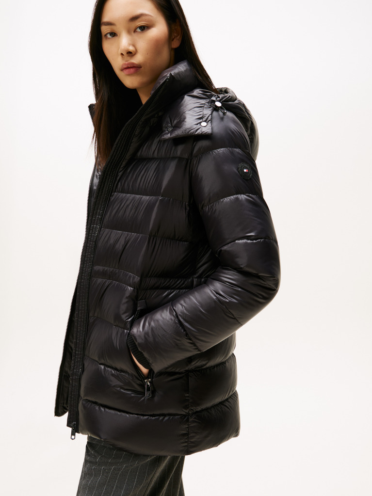 Black Shiny Water Repellent Down Puffer Coat  Women