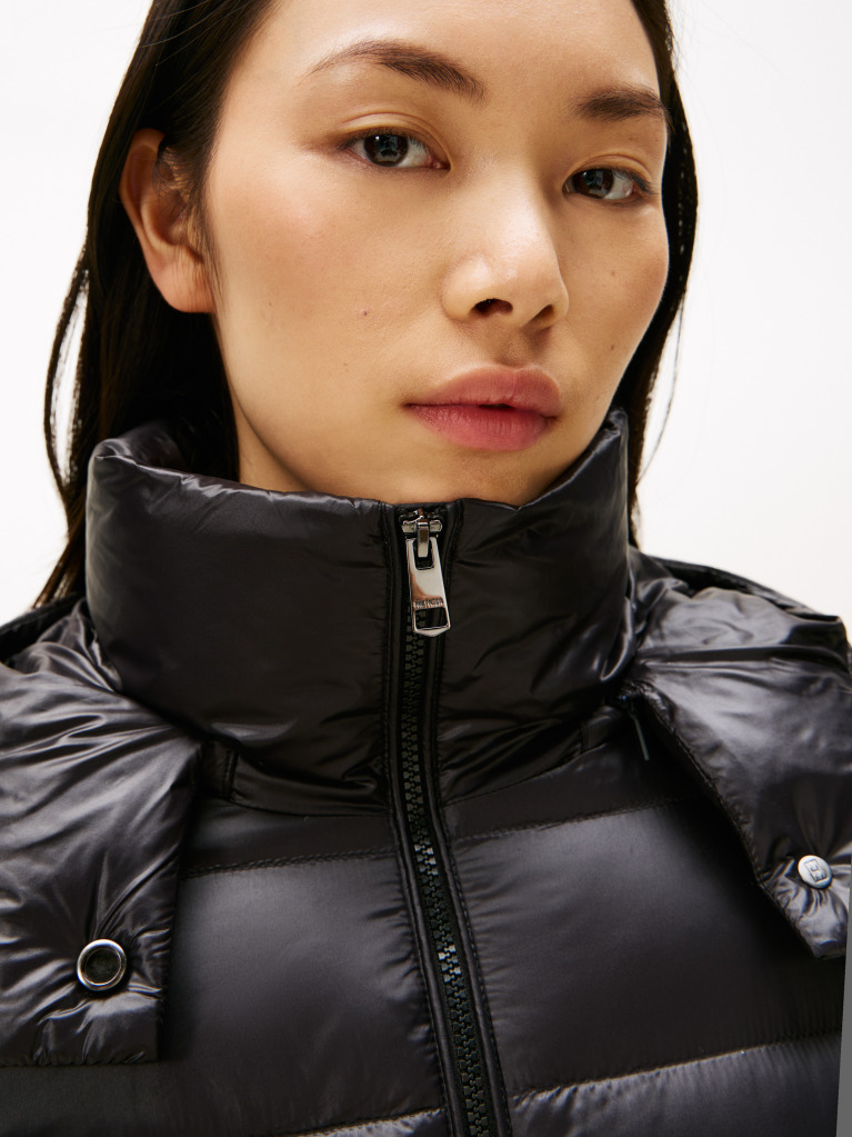 Black Shiny Water Repellent Down Puffer Coat  Women