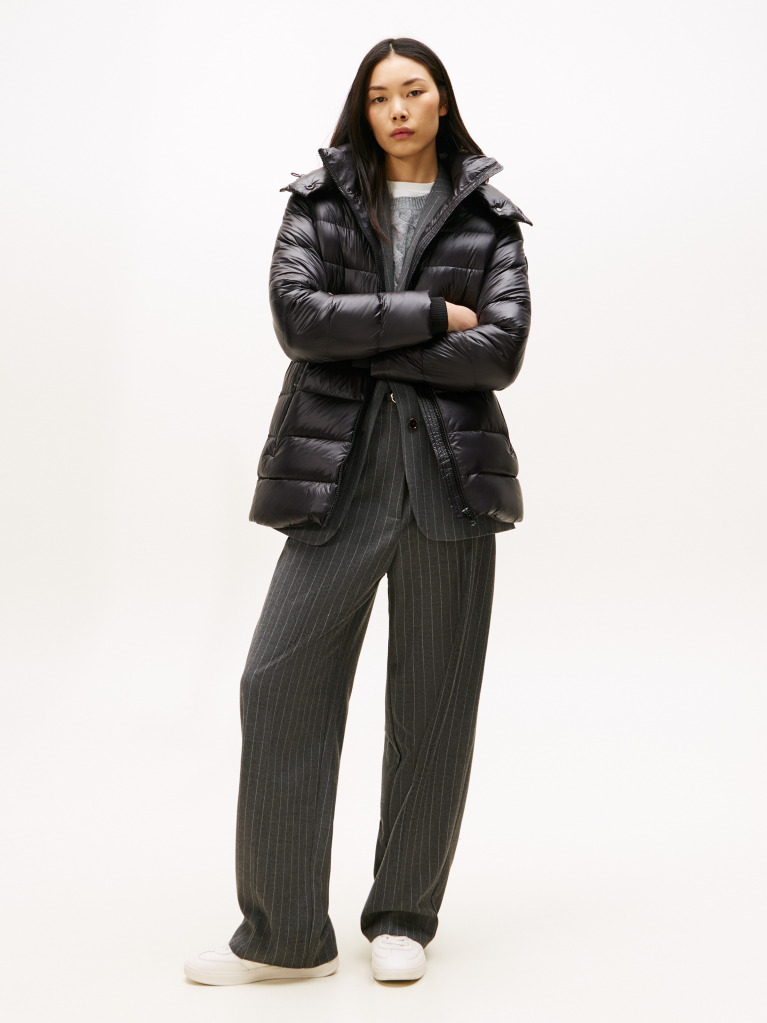 Black Shiny Water Repellent Down Puffer Coat  Women