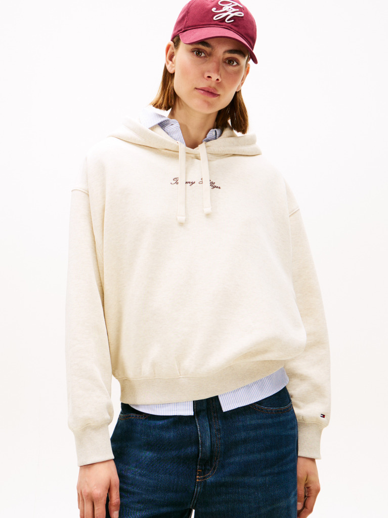 Beige Textured Logo Relaxed Hoody  Women