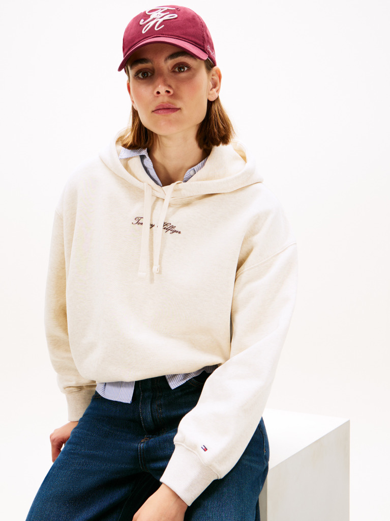 Beige Textured Logo Relaxed Hoody  Women