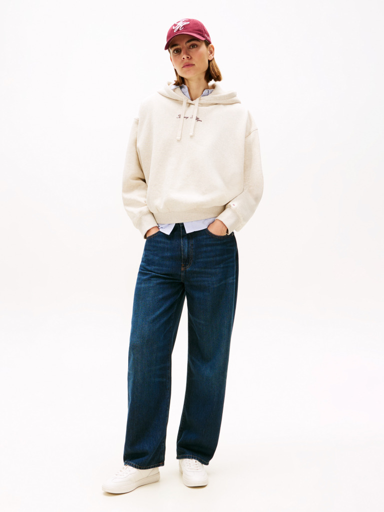 Beige Textured Logo Relaxed Hoody  Women