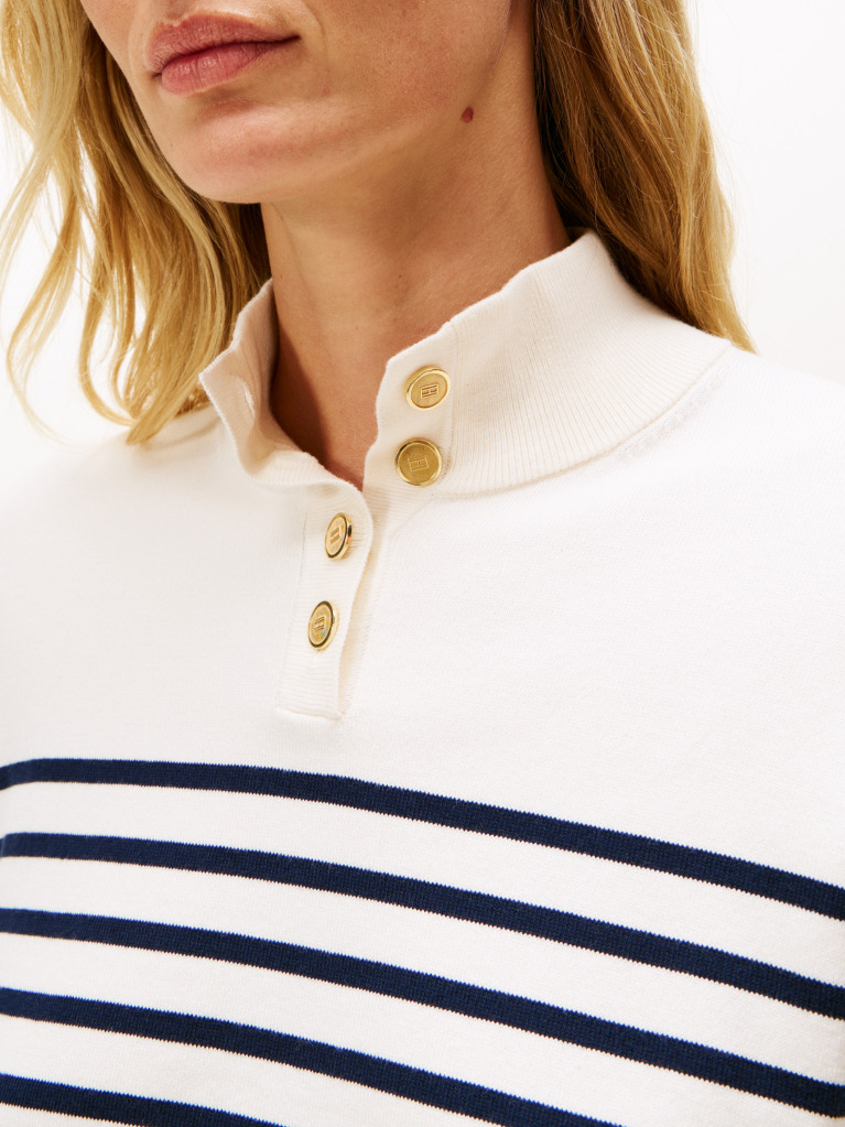 Multi Stripe Gold-Tone Button Mock Neck Jumper  Women