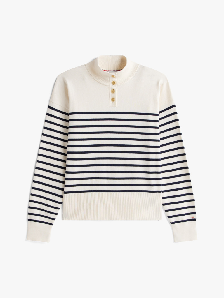 Multi Stripe Gold-Tone Button Mock Neck Jumper  Women