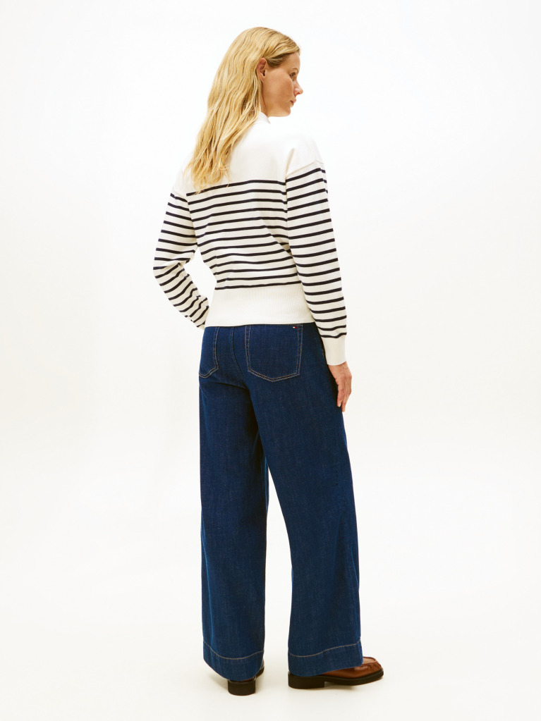 Multi Stripe Gold-Tone Button Mock Neck Jumper  Women