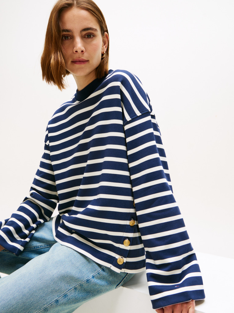 Multi Gold-Tone Button Stripe Sweatshirt  Women