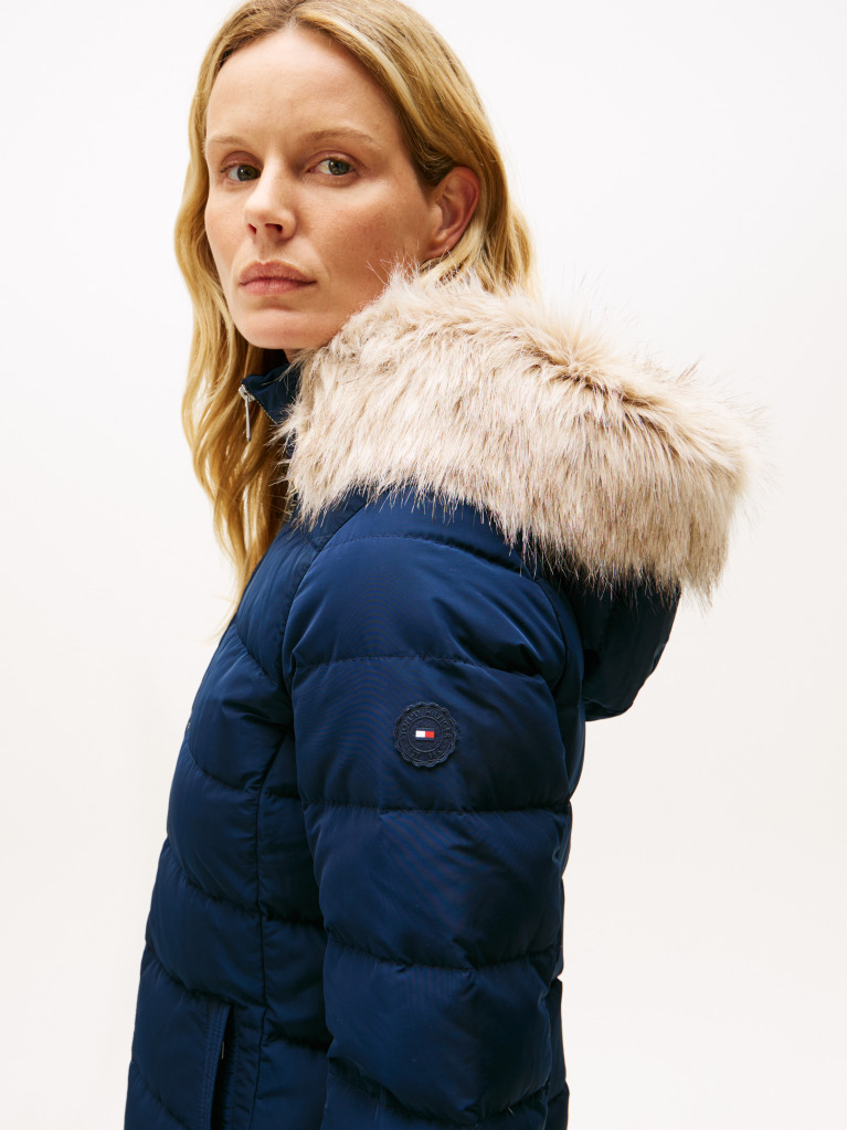 Blue Faux Fur Hood Down Puffer Jacket  Women