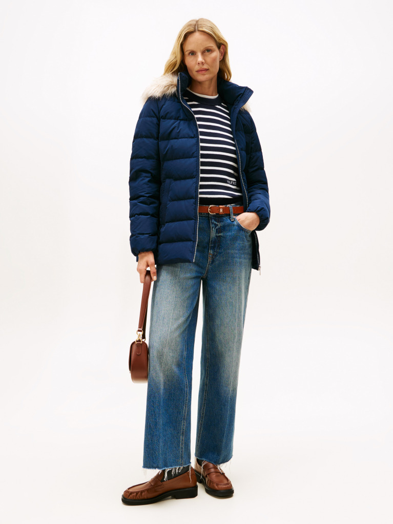 Blue Faux Fur Hood Down Puffer Jacket  Women