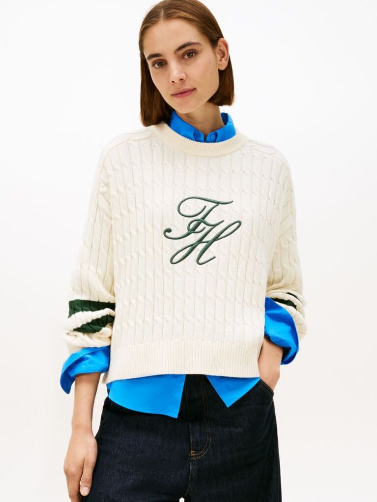 Beige Logo Embroidery Relaxed Cable Knit Jumper  Women