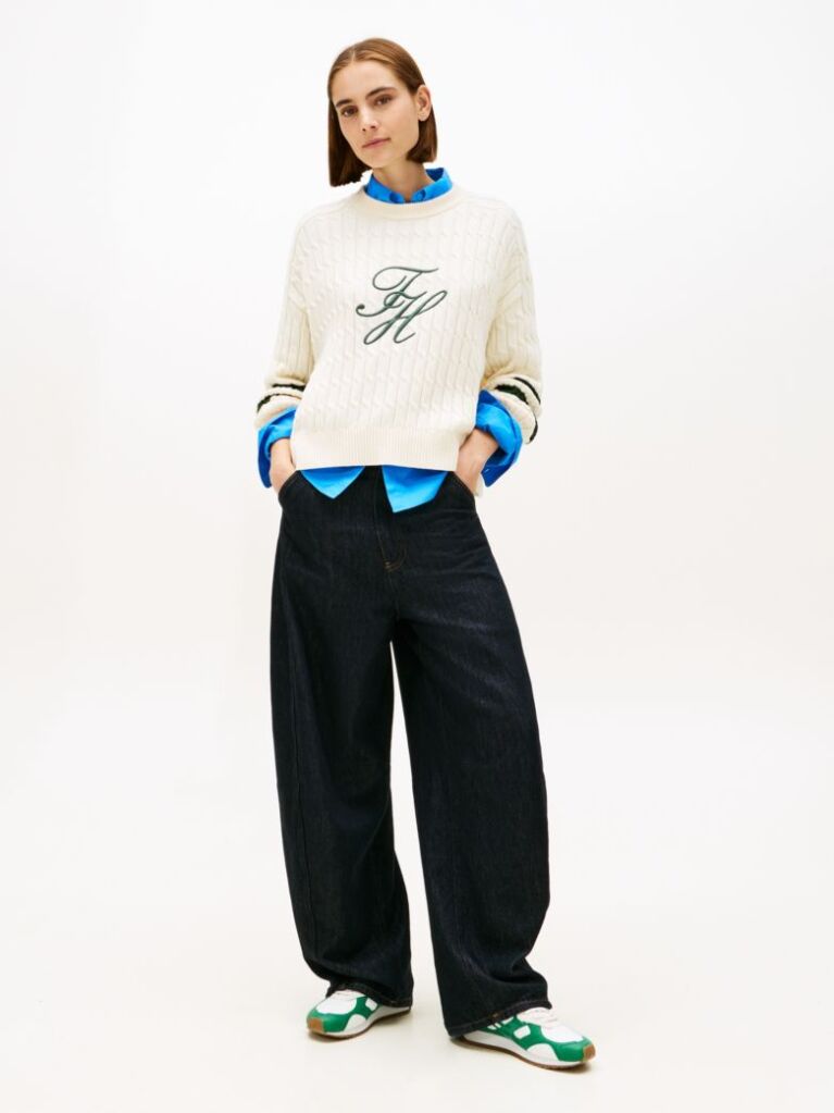 Beige Logo Embroidery Relaxed Cable Knit Jumper  Women