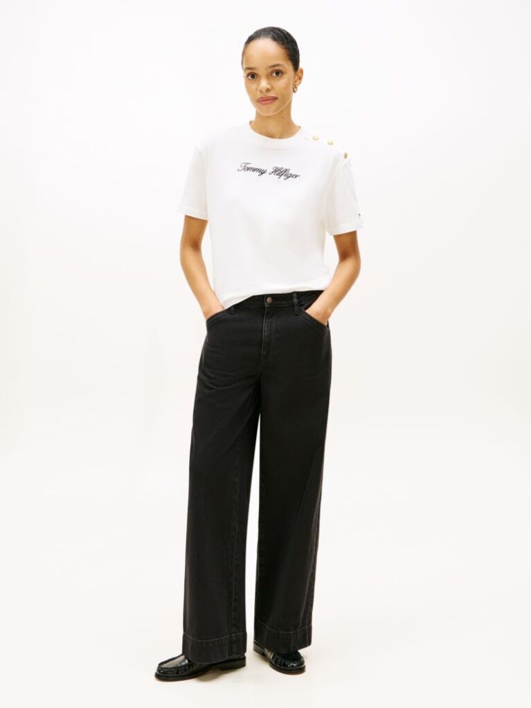 Beige Gold-Tone Button Logo Embroidery Relaxed T-Shirt  Women