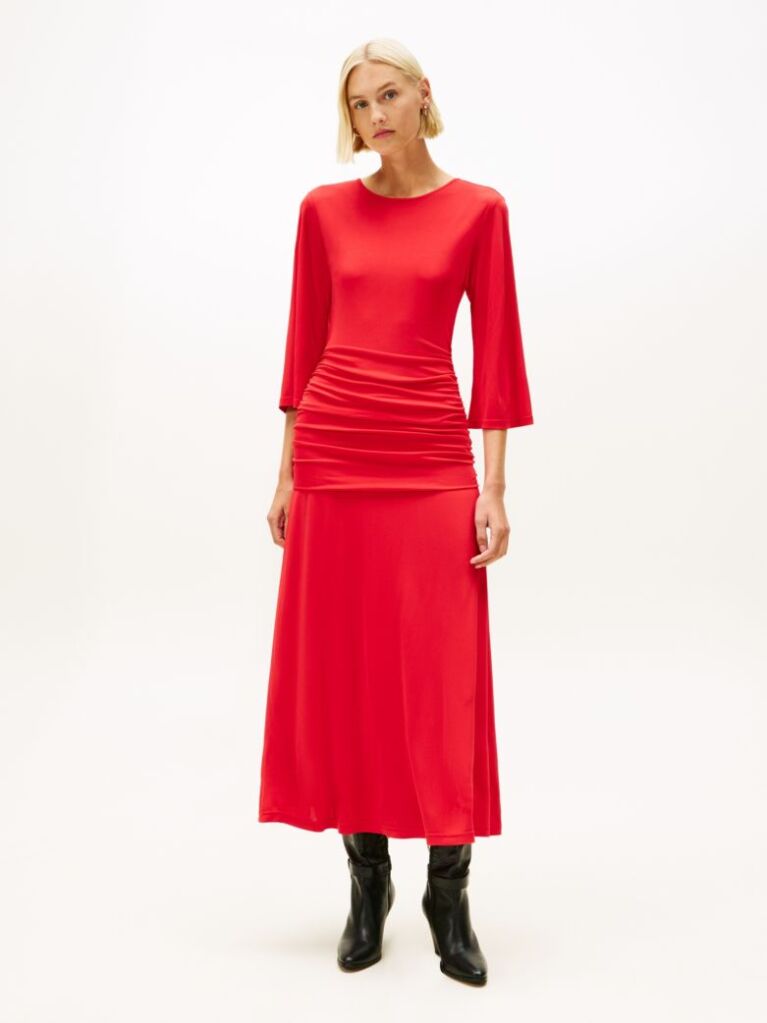 Red Festive Crepe Slim Gathered Midi Dress  Women