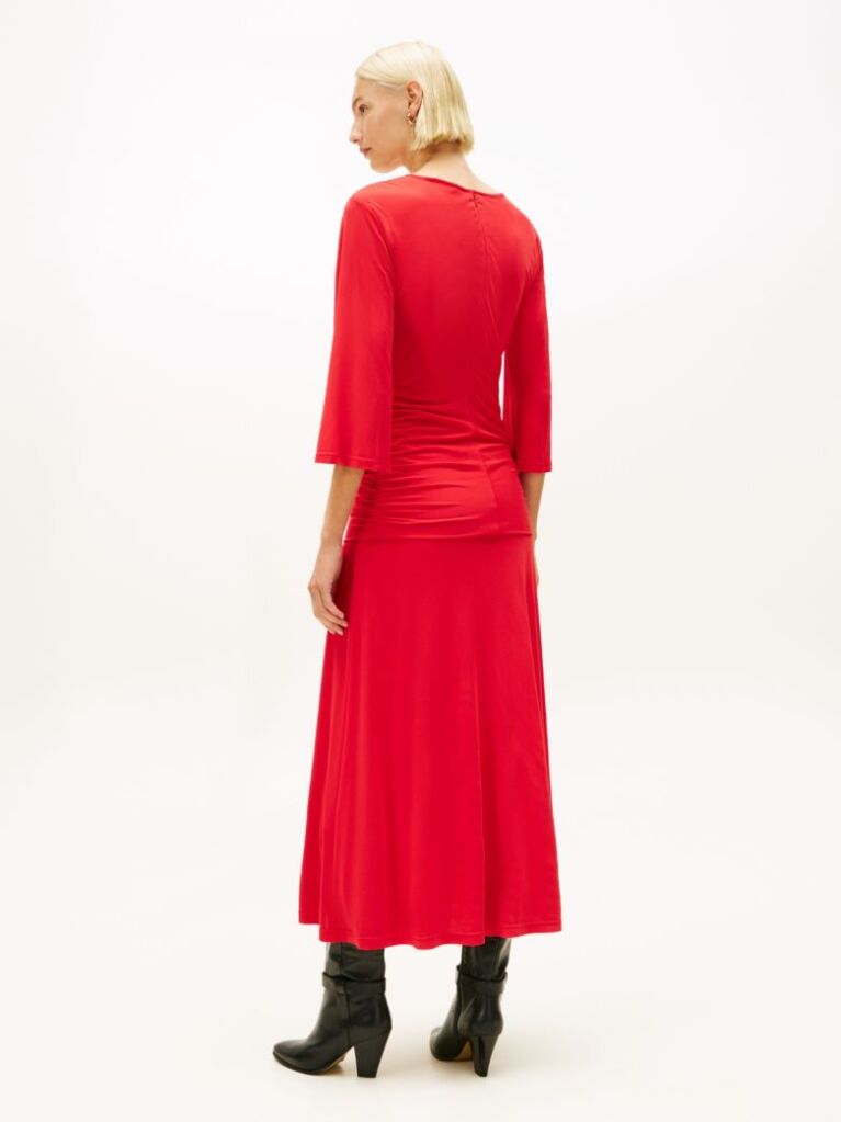 Red Festive Crepe Slim Gathered Midi Dress  Women