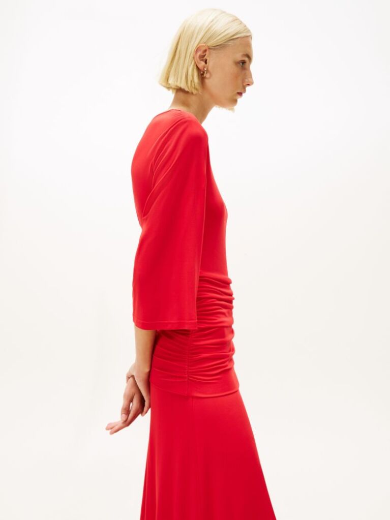 Red Festive Crepe Slim Gathered Midi Dress  Women