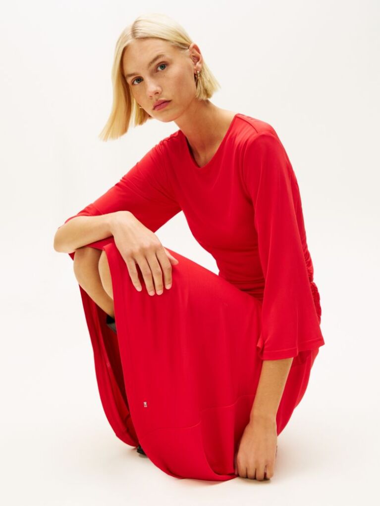 Red Festive Crepe Slim Gathered Midi Dress  Women