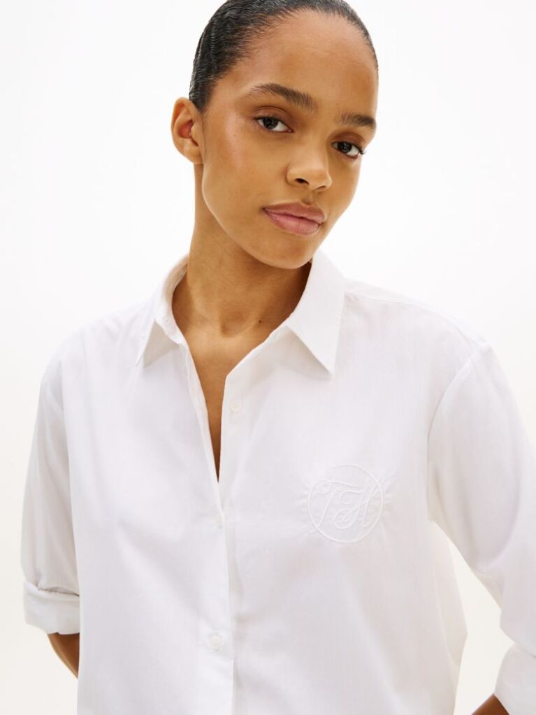 White Oversized Fit Logo Embroidery Shirt  Women