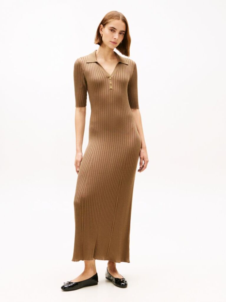 Brown Rib-Knit Polo Maxi Dress  Women