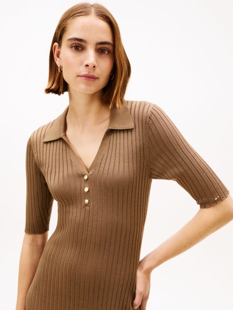Brown Rib-Knit Polo Maxi Dress  Women