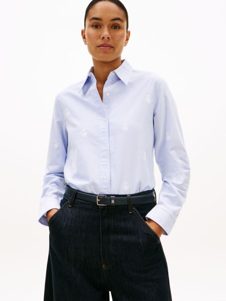 Blue Relaxed Fit TH Crest Embroidery Oxford Shirt  Women