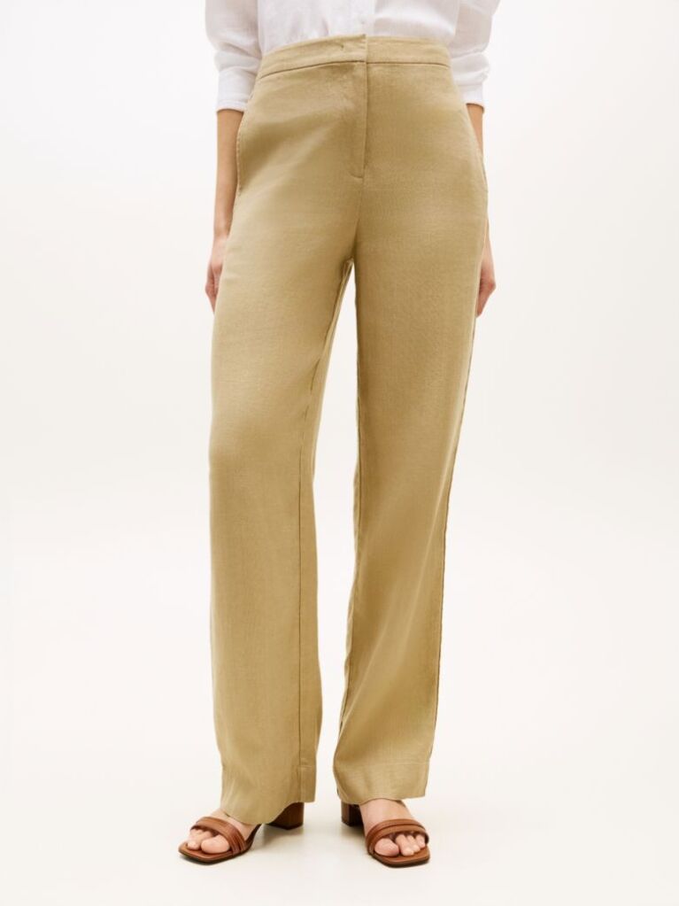 Beige Tailored Straight Leg Linen Blend Trousers  Women