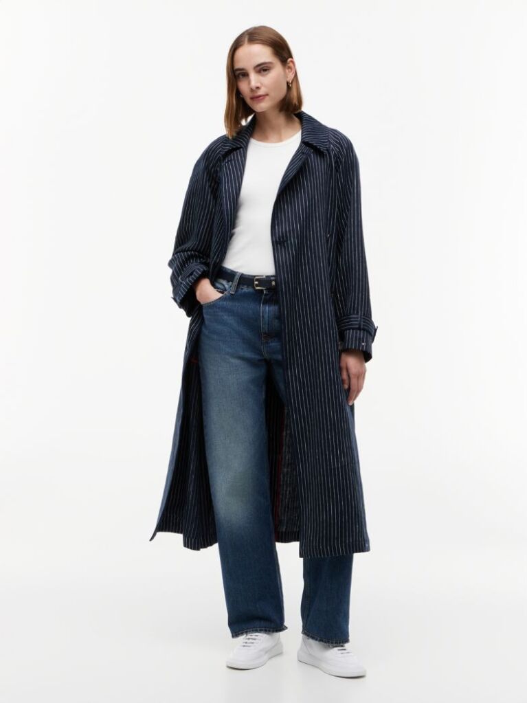 Multi Pinstripe Trench Coat With Linen  Women