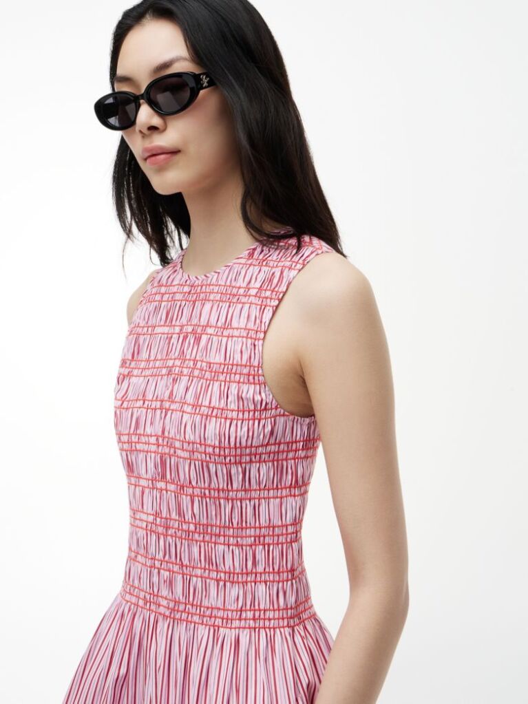 Multi Stripe Smock Sleeveless Fit And Flare Maxi Dress  Women