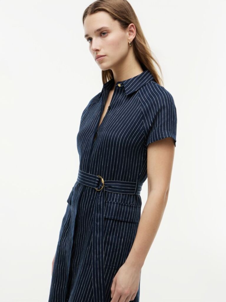 Multi Gold-Tone Button Pinstripe Dress With Linen  Women