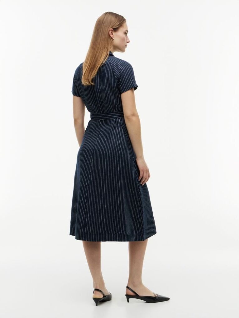 Multi Gold-Tone Button Pinstripe Dress With Linen  Women