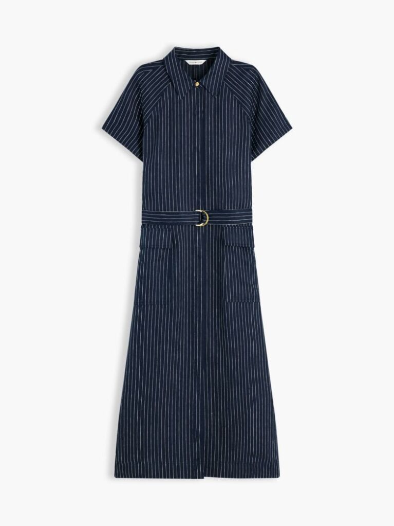 Multi Gold-Tone Button Pinstripe Dress With Linen  Women