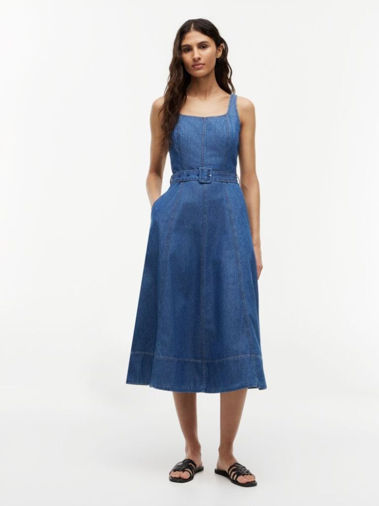 Blue Belted Denim Fit And Flare Midi Dress  Women