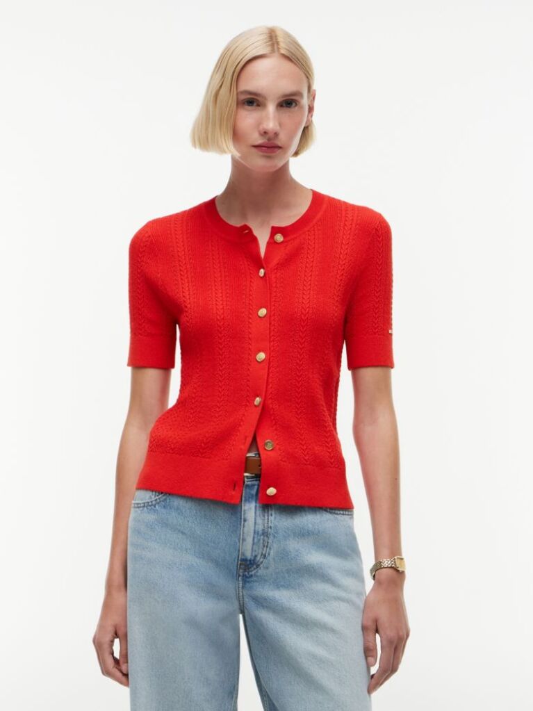 Red Pointelle Gold-Tone Button Short Sleeve Cardigan  Women