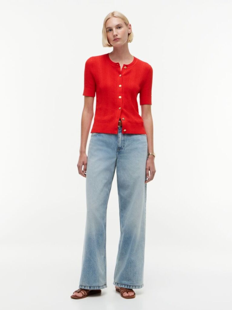 Red Pointelle Gold-Tone Button Short Sleeve Cardigan  Women