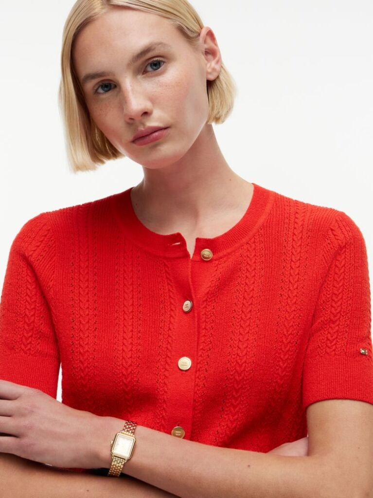 Red Pointelle Gold-Tone Button Short Sleeve Cardigan  Women