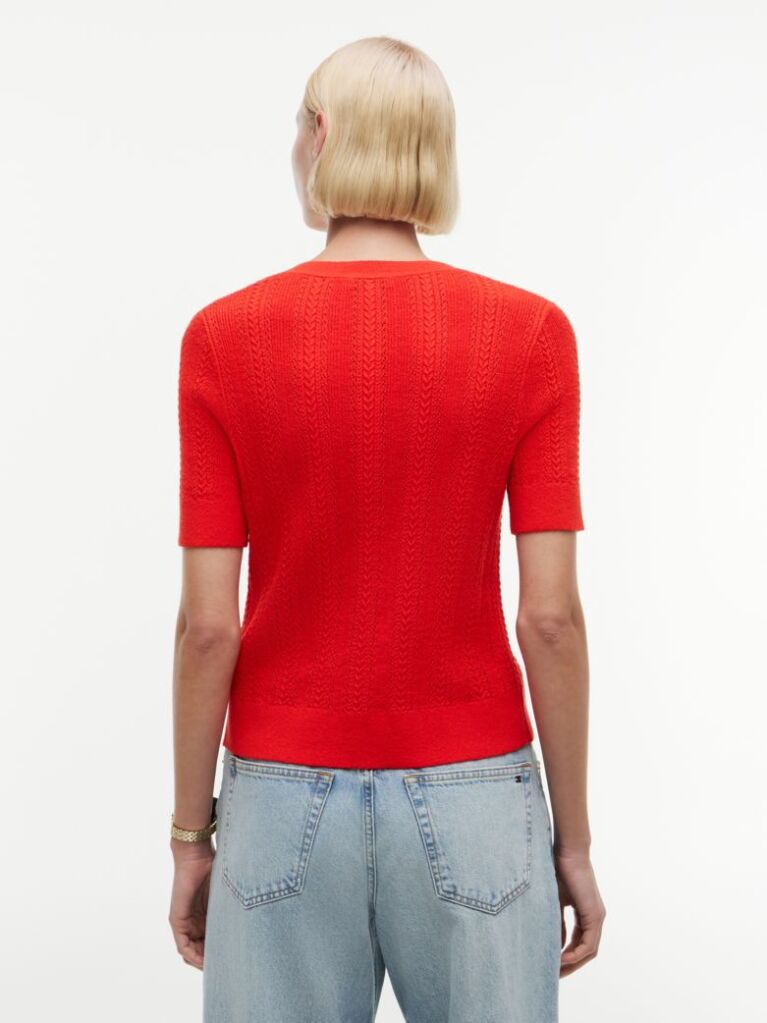 Red Pointelle Gold-Tone Button Short Sleeve Cardigan  Women