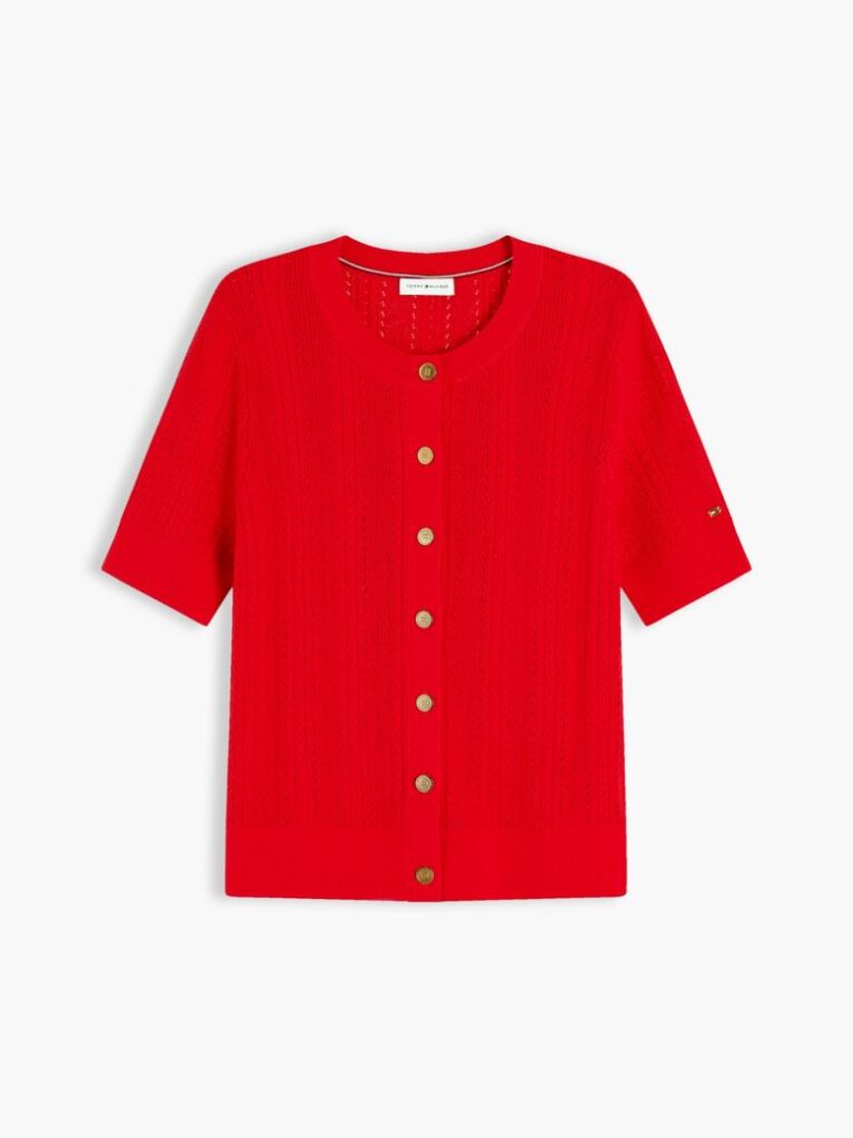 Red Pointelle Gold-Tone Button Short Sleeve Cardigan  Women