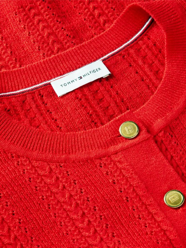 Red Pointelle Gold-Tone Button Short Sleeve Cardigan  Women