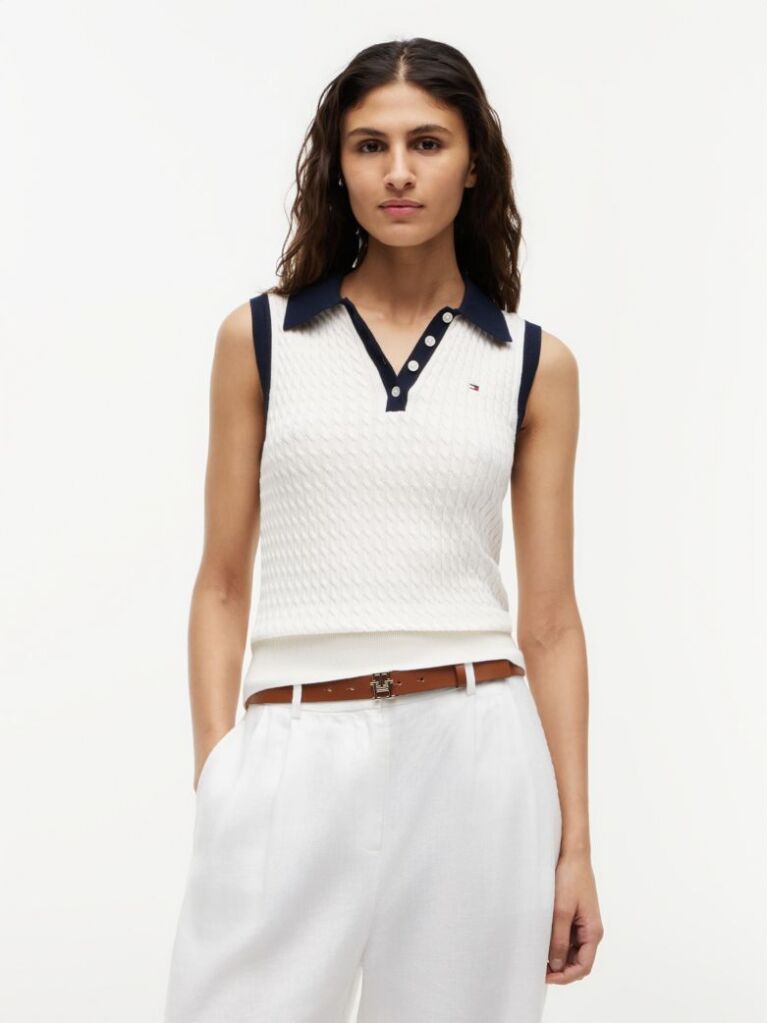 Beige Cable Knit Slim Sleeveless Polo Jumper  Women