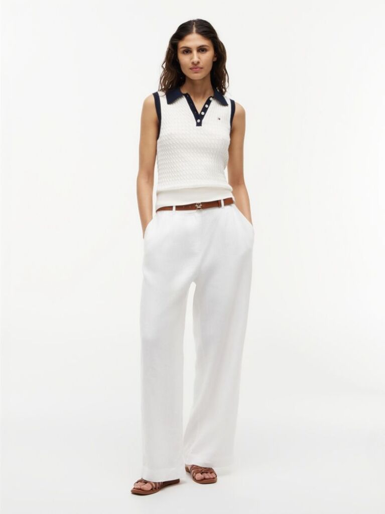 Beige Cable Knit Slim Sleeveless Polo Jumper  Women