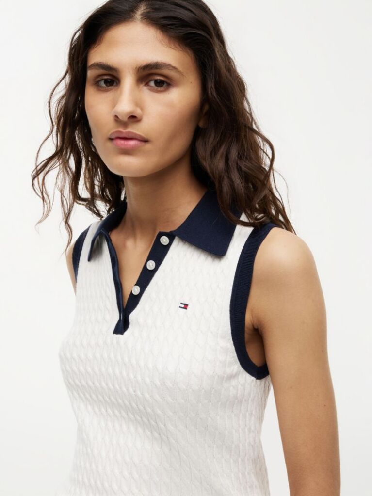 Beige Cable Knit Slim Sleeveless Polo Jumper  Women