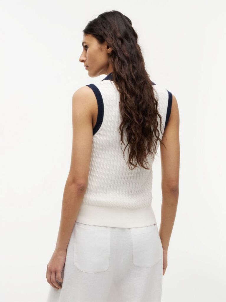 Beige Cable Knit Slim Sleeveless Polo Jumper  Women
