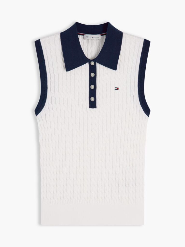 Beige Cable Knit Slim Sleeveless Polo Jumper  Women