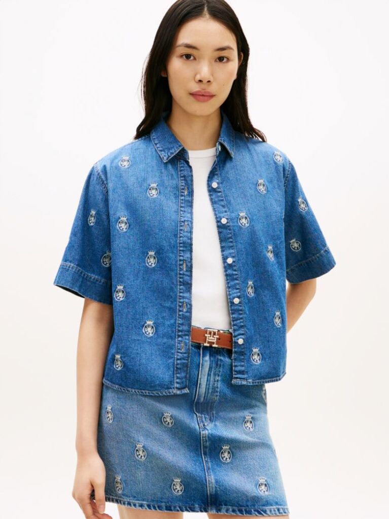 Blue Relaxed Fit Embroidery Short Sleeve Denim Shirt  Women