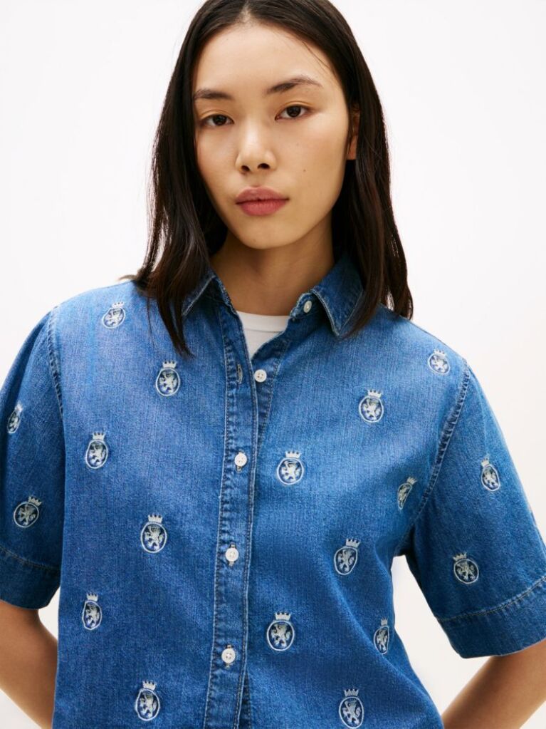 Blue Relaxed Fit Embroidery Short Sleeve Denim Shirt  Women