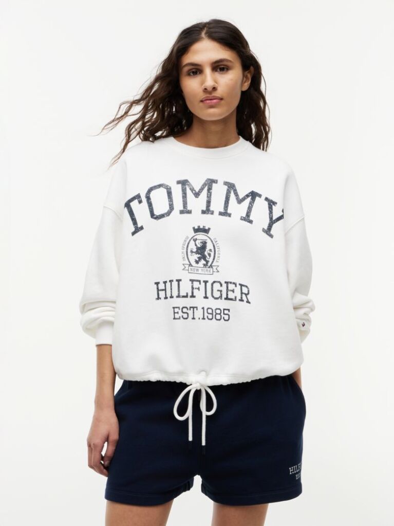 White Crest Logo Drawstring Hem Relaxed Sweatshirt  Women